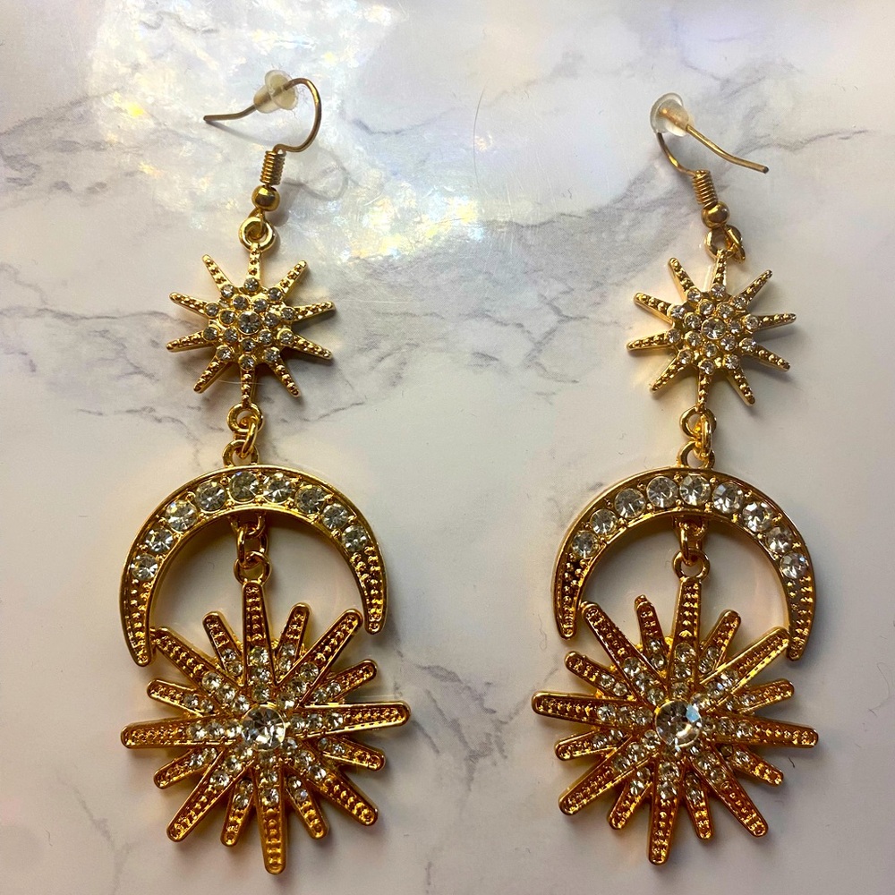 Celestial Themed Sparkly Gold Earrings